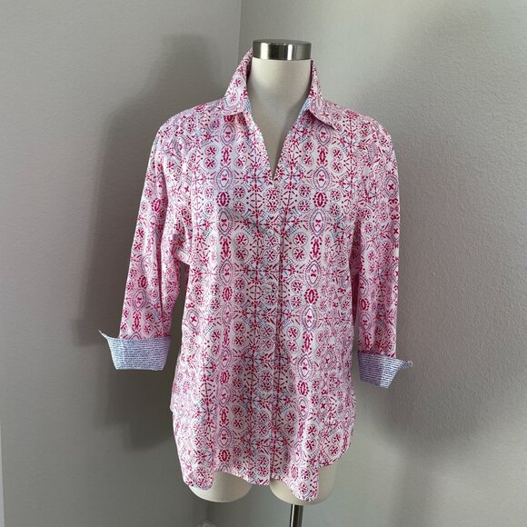 Foxcroft NYC Womens XL Easy Care Pink Blue Patterned Button Up Shirt 3/4 Sleeve - Picture 1 of 11